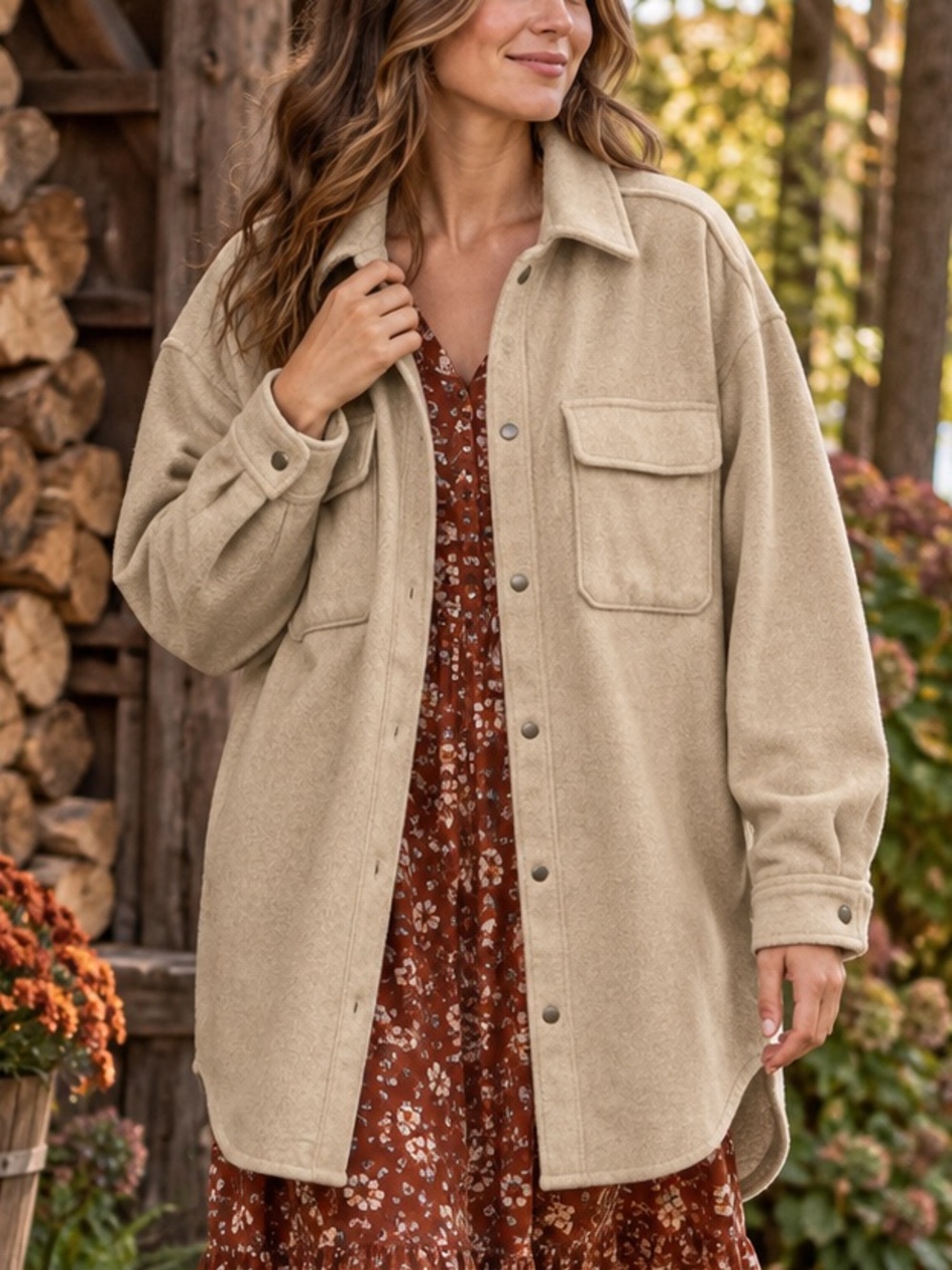 Old Navy Tan Shacket Coat Size Large Longline Snap Button Wool Blend